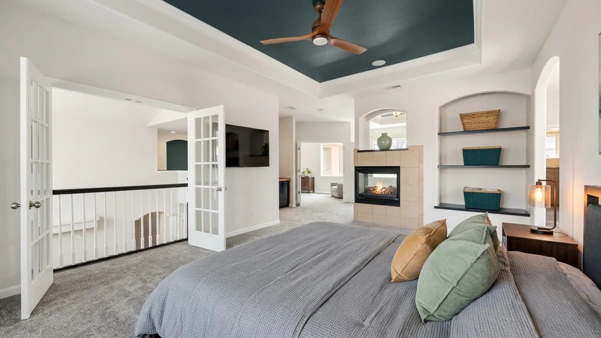 A staged bedroom compared with the original empty room.