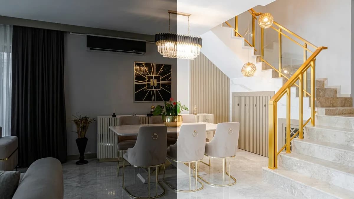 A dim interior photo before and after exposure and colour correction.