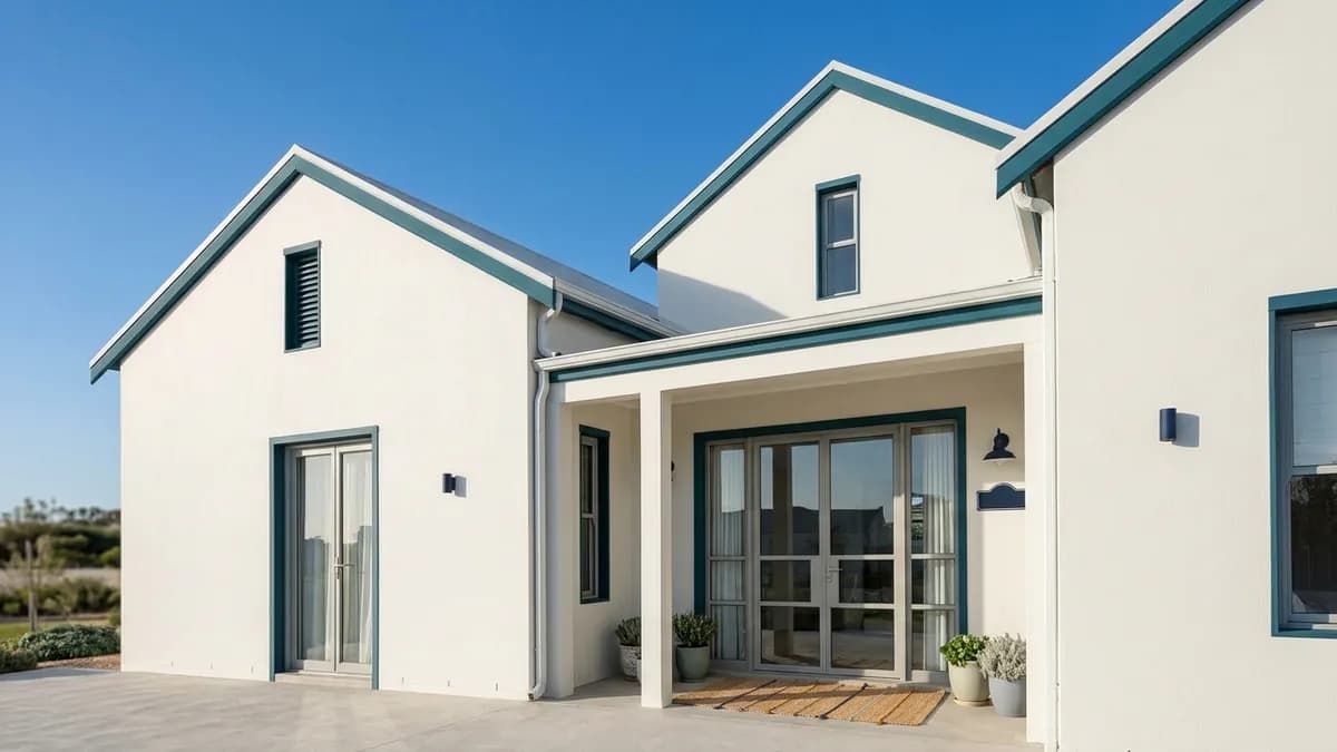 A home exterior shot level and square-on, with straight vertical lines.