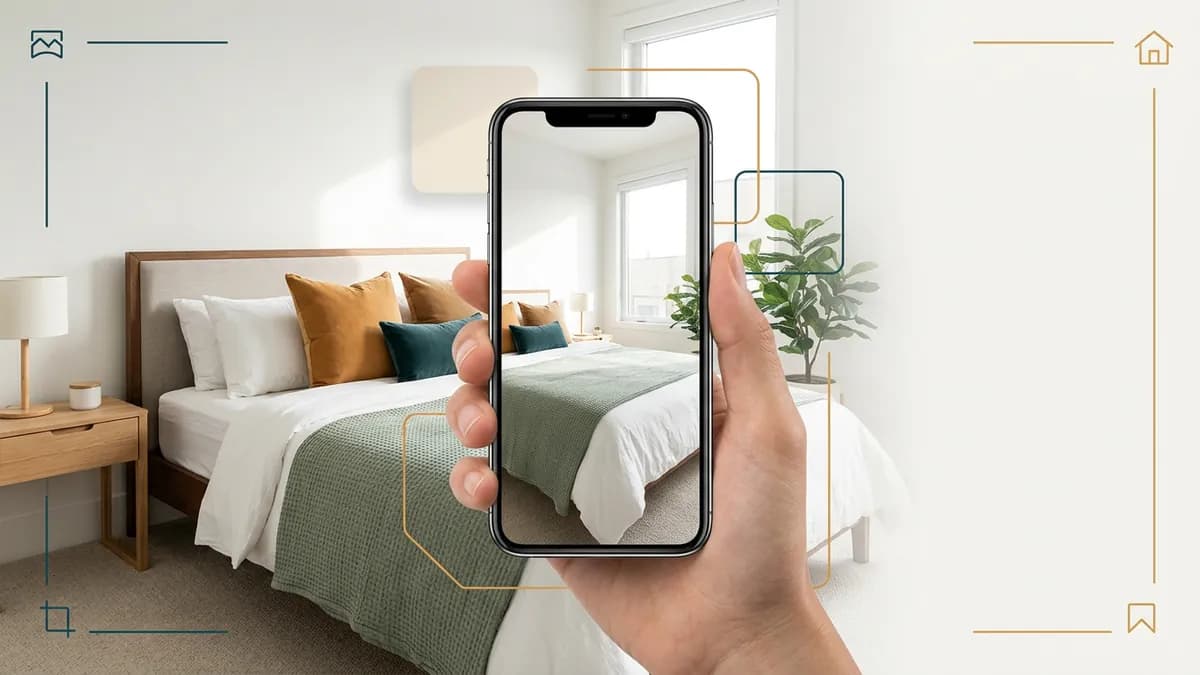 A phone held up in a bright bedroom, playing a short video of that same bedroom on its screen