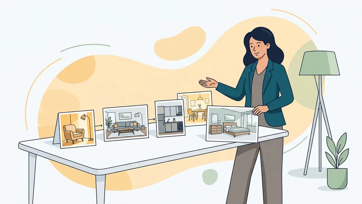 An agent presenting a row of interior photo cards on a table