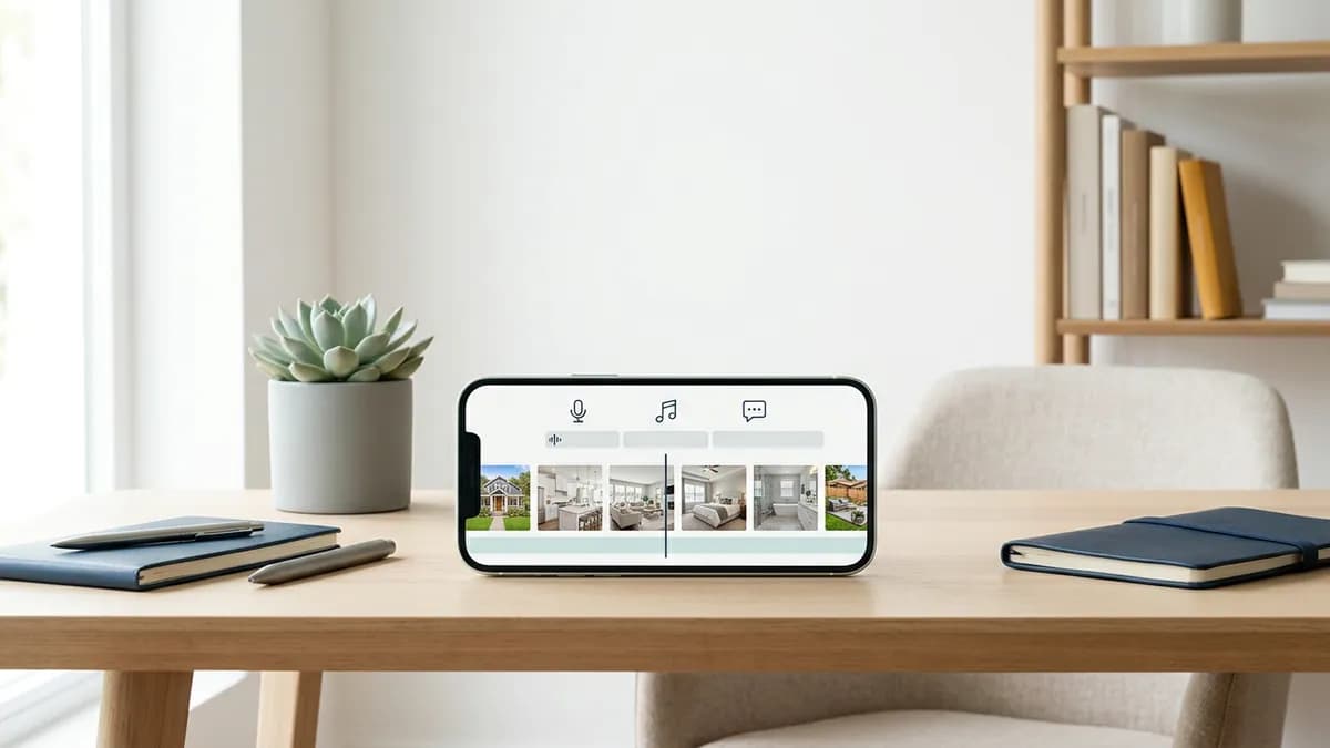 A phone showing a row of listing photos arranged on a simple timeline