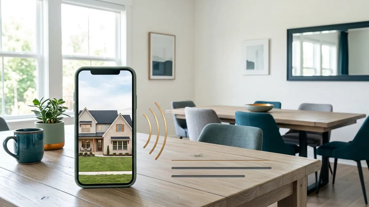 A phone showing a house photo with sound waves, on a dining table
