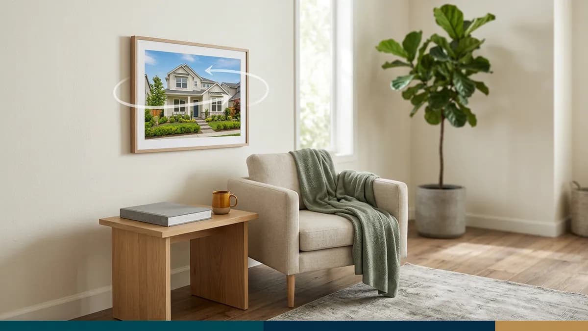 A framed house photo with a curved arrow showing a camera move, above an armchair