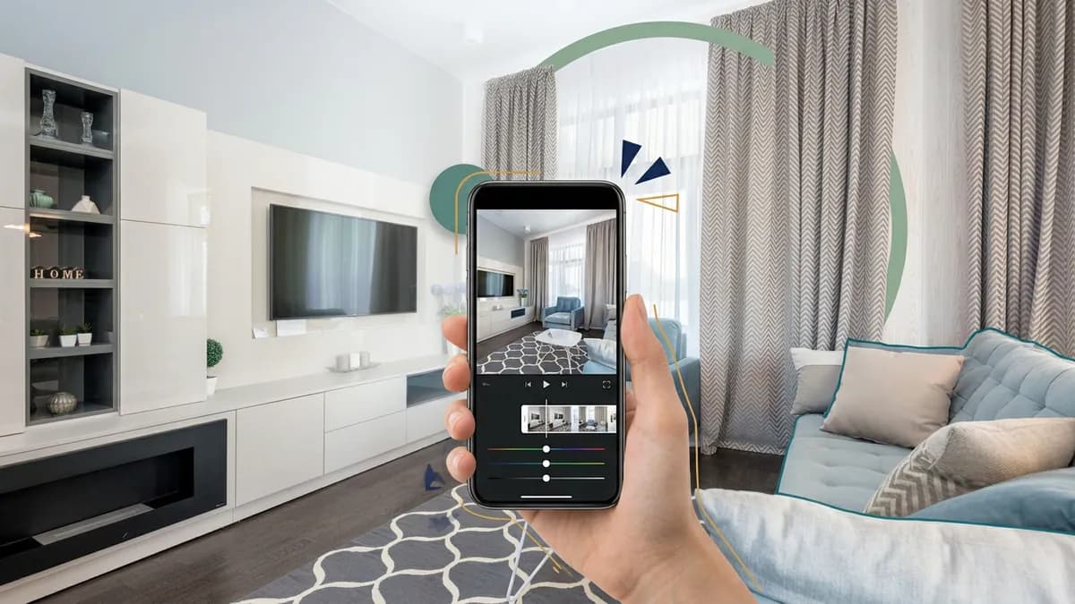 A bright living room shown in a phone video editing screen