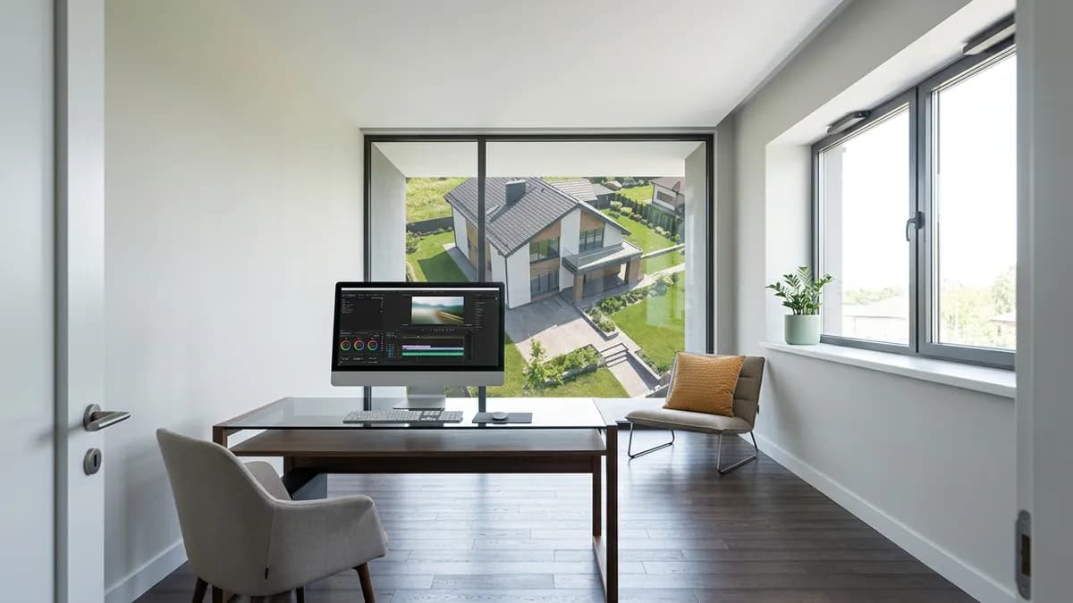 A drone view of a house leading into an interior shot