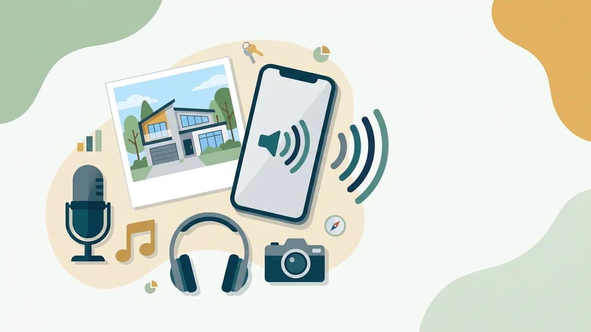 A phone with sound waves beside a house photo