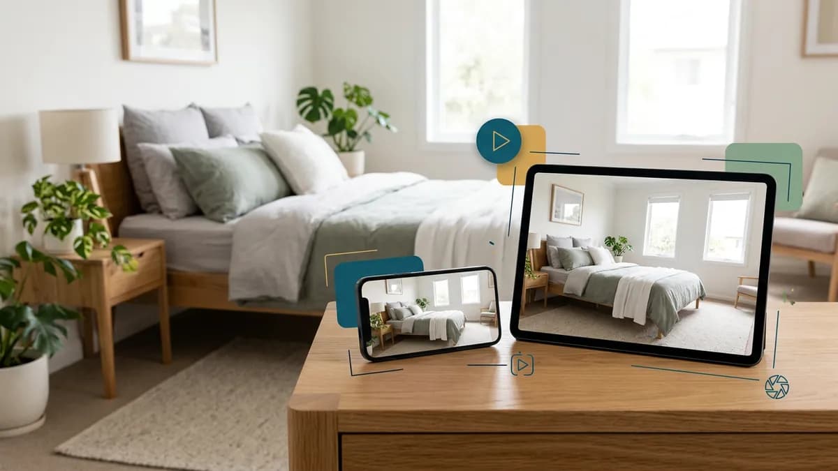 Un smartphone et une tablette posés sur une table en bois dans un salon lumineux, chacun affichant en plein écran la vidéo du même salon