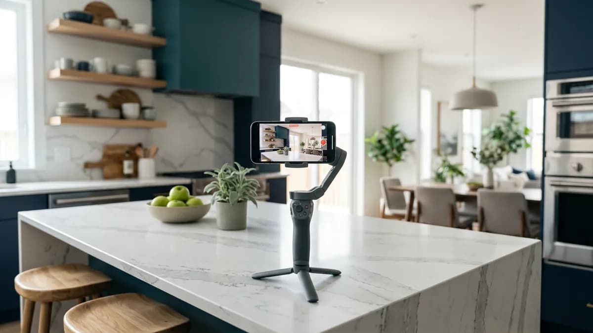 Un smartphone monté sur un stabilisateur, posé sur l'îlot d'une cuisine lumineuse, dont l'écran affiche la même cuisine en cours de tournage