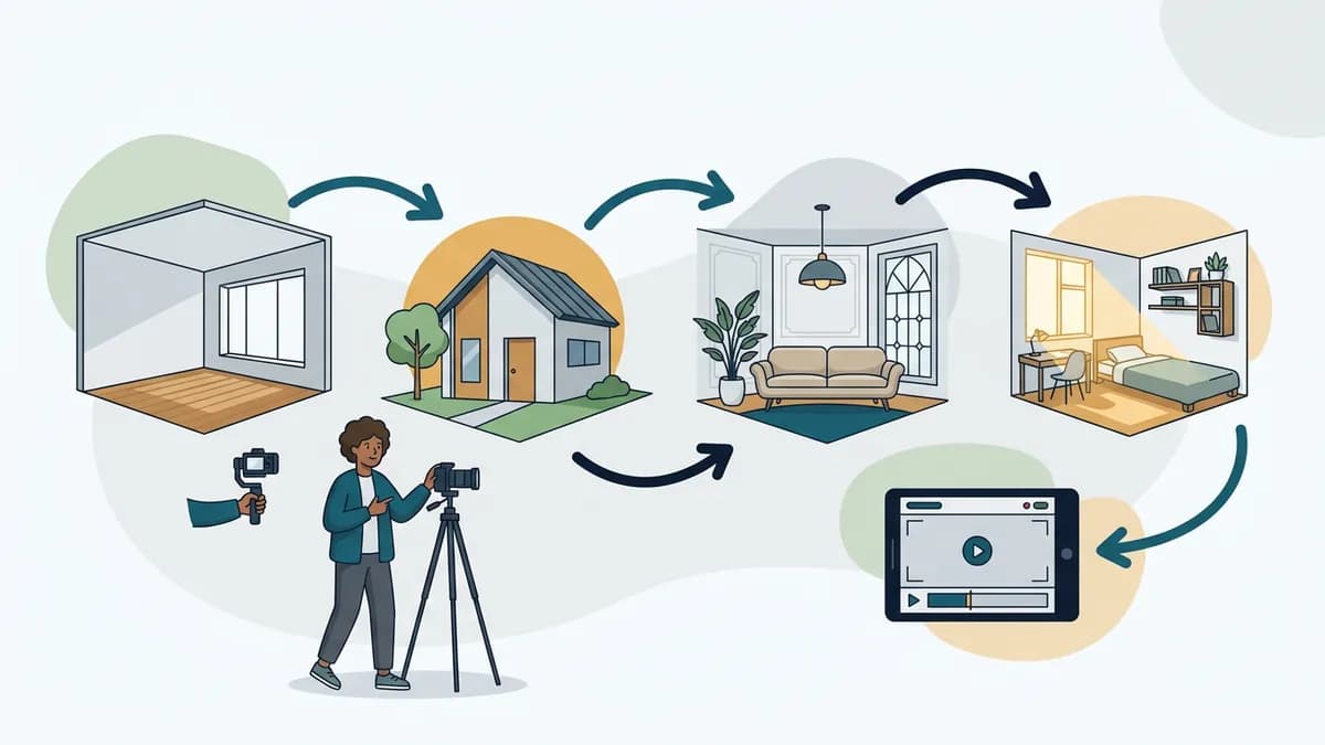 Illustration d'un parcours en plusieurs étapes : une pièce vide, une maison avec jardin, un salon meublé, une chambre, puis une tablette qui lit la vidéo finale, avec un opérateur qui filme sur trépied