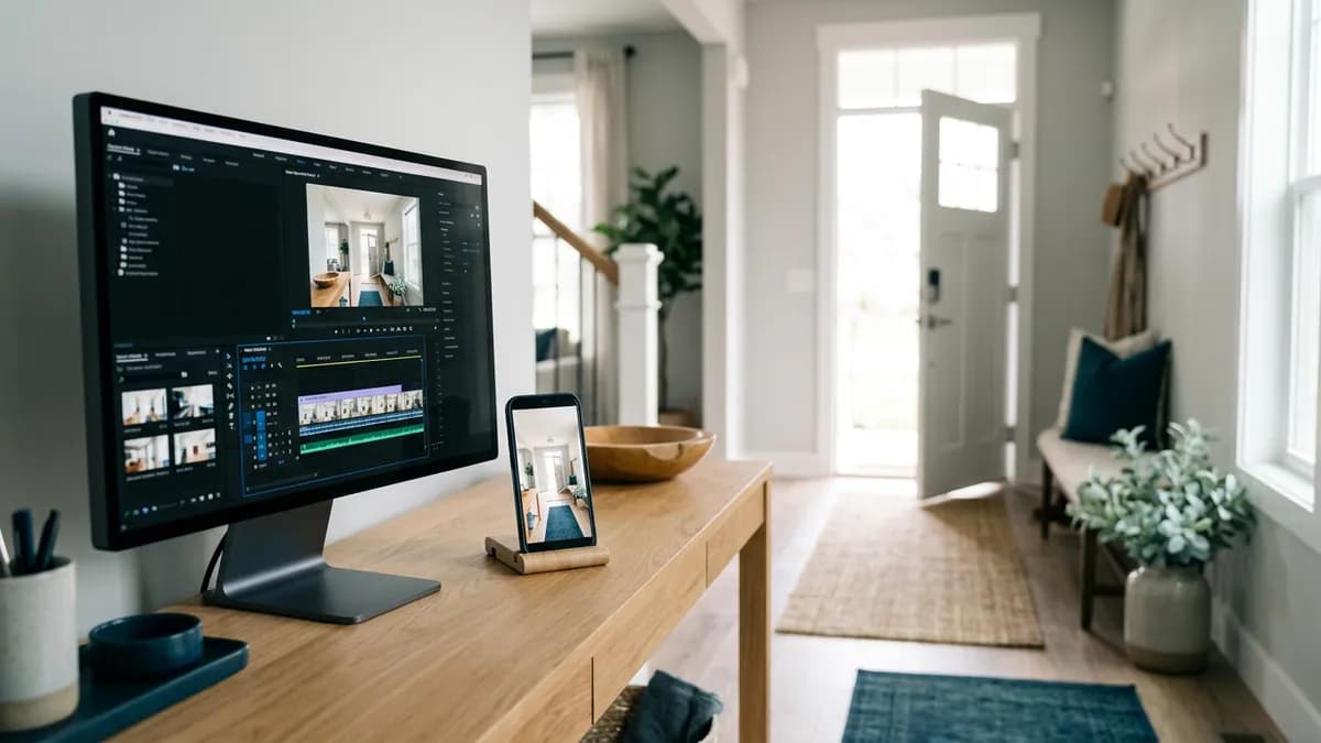 Un écran de montage et un smartphone posés sur une console d'entrée, affichant l'entrée de la maison visible en arrière-plan